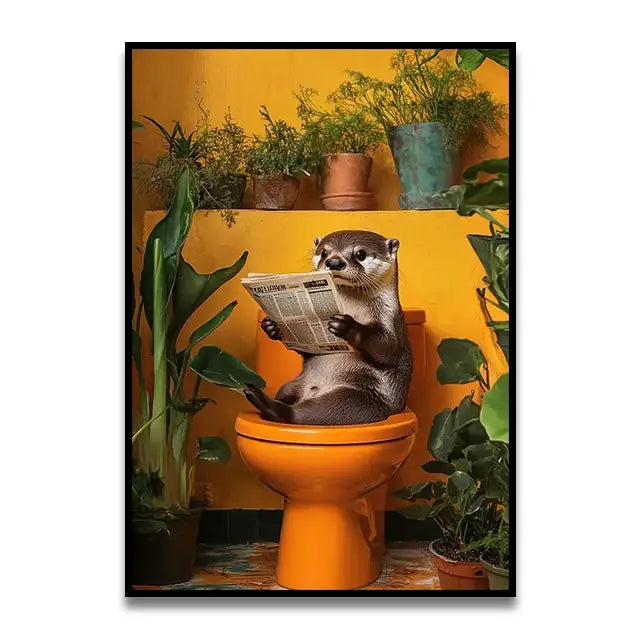 Funny tabby cat reading newspaper wall art bathroom framed canvas