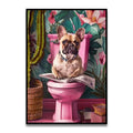 Funny french bulldog on pink toilet bathroom cat reading wall art