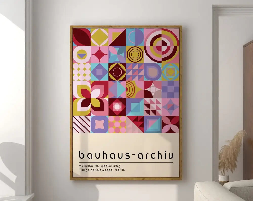 Geometric bauhaus canvas poster orange & pink wood framed wall art