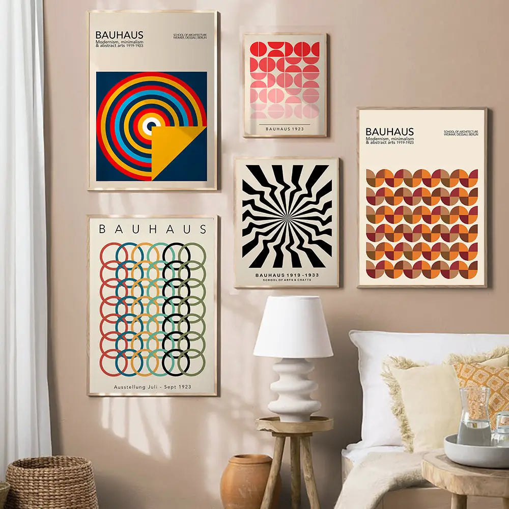 Bauhaus pink & navy geometric canvas poster living room wall art