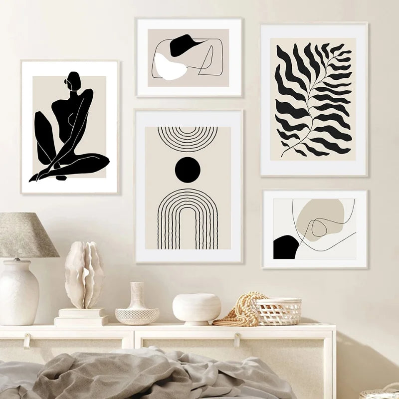 Minimalist geometric leaf boho canvas set – living room wall art