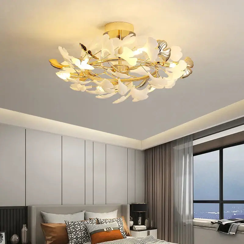 Decorbites ginkgo leaf gold floral ceiling light – bedroom art decor