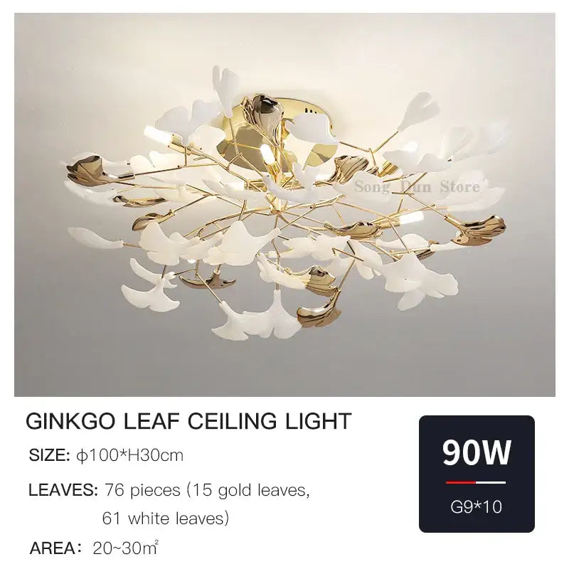Post-modern gold and white ginkgo leaf ceiling light bedroom decor