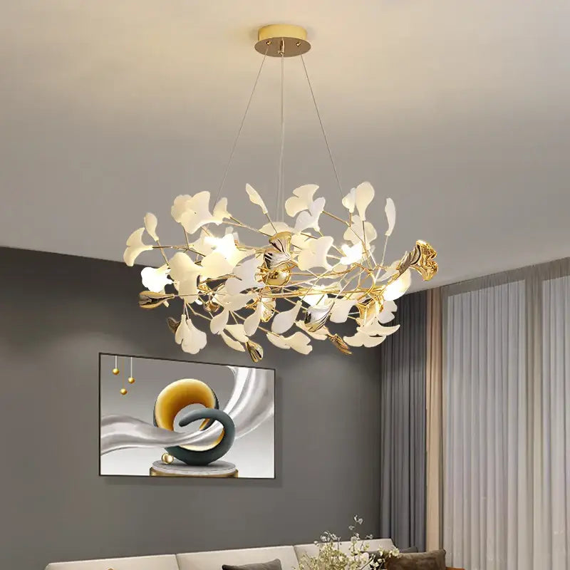 Modern gold ginkgo leaf chandelier for dining room