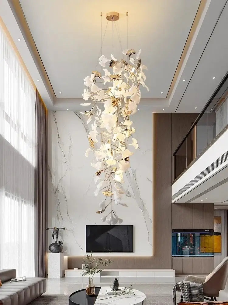 Luxury white & gold ginkgo leaf chandelier for staircase and lobby