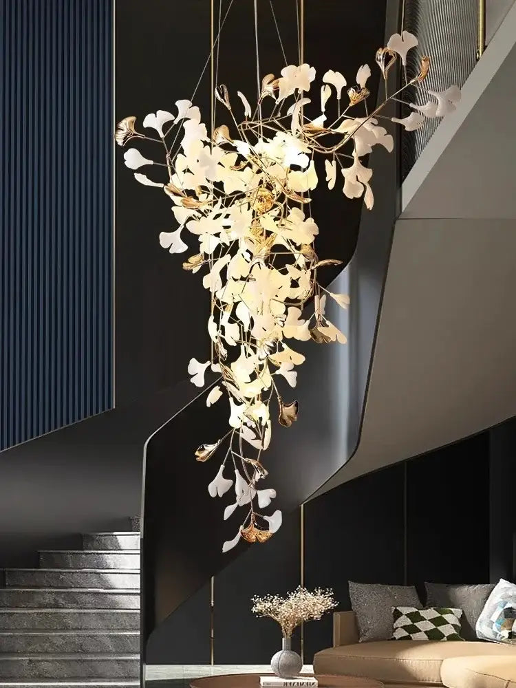 Luxury white & gold ginkgo leaf chandelier for staircase and lobby