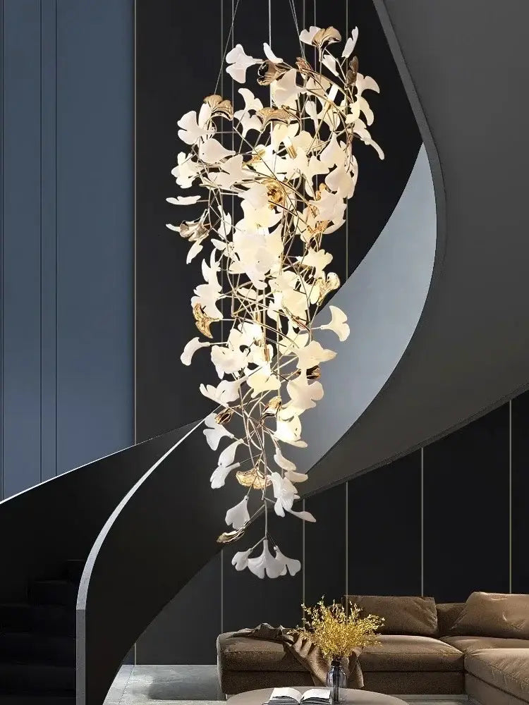 Luxury white & gold ginkgo leaf chandelier for staircase and lobby