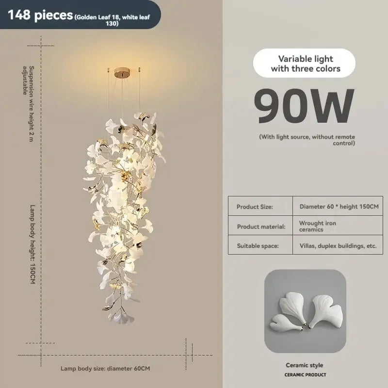 Luxury white & gold ginkgo leaf chandelier for staircase and lobby