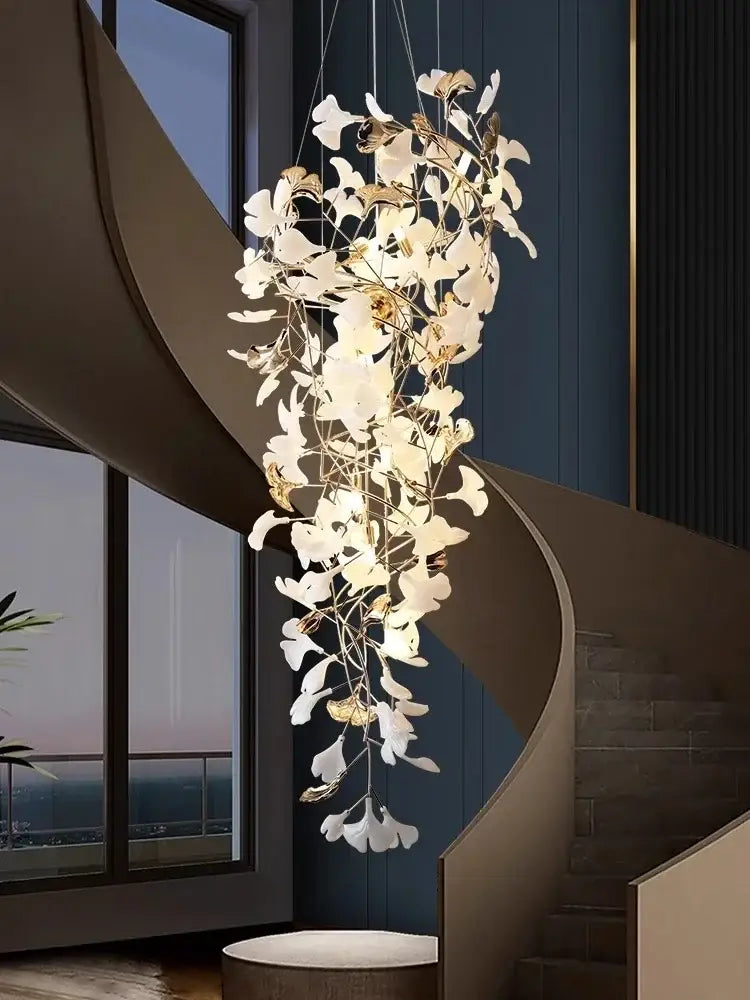 Luxury white & gold ginkgo leaf chandelier for staircase and lobby