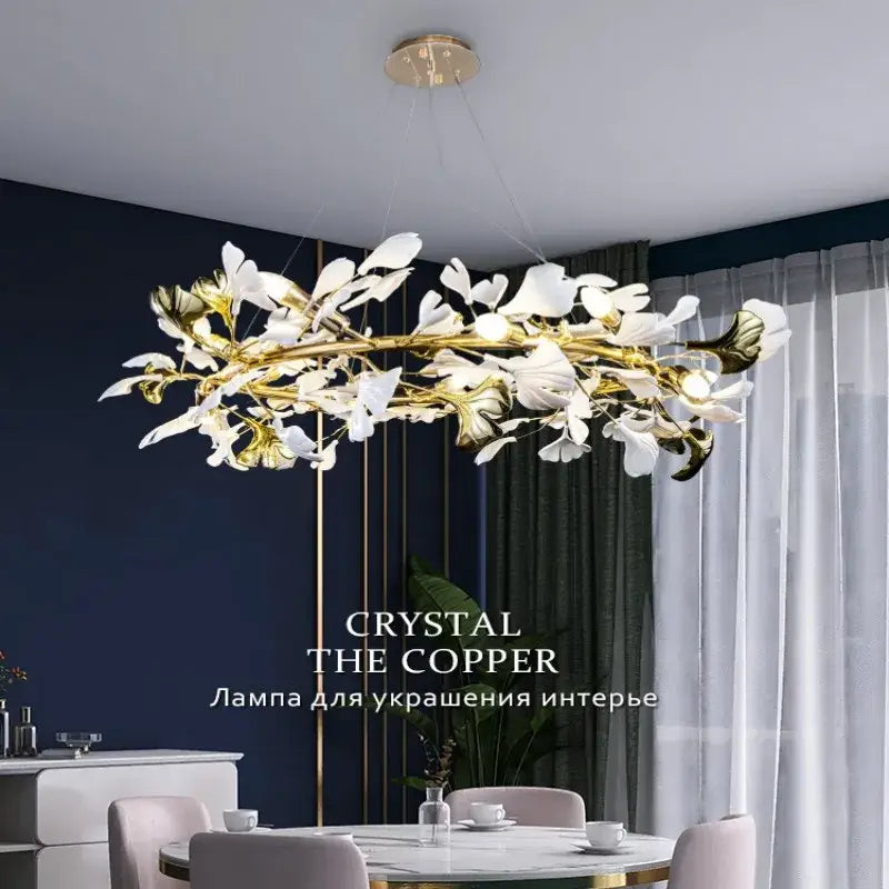 Elegant gold & white ginkgo leaf crystal chandelier living room light
