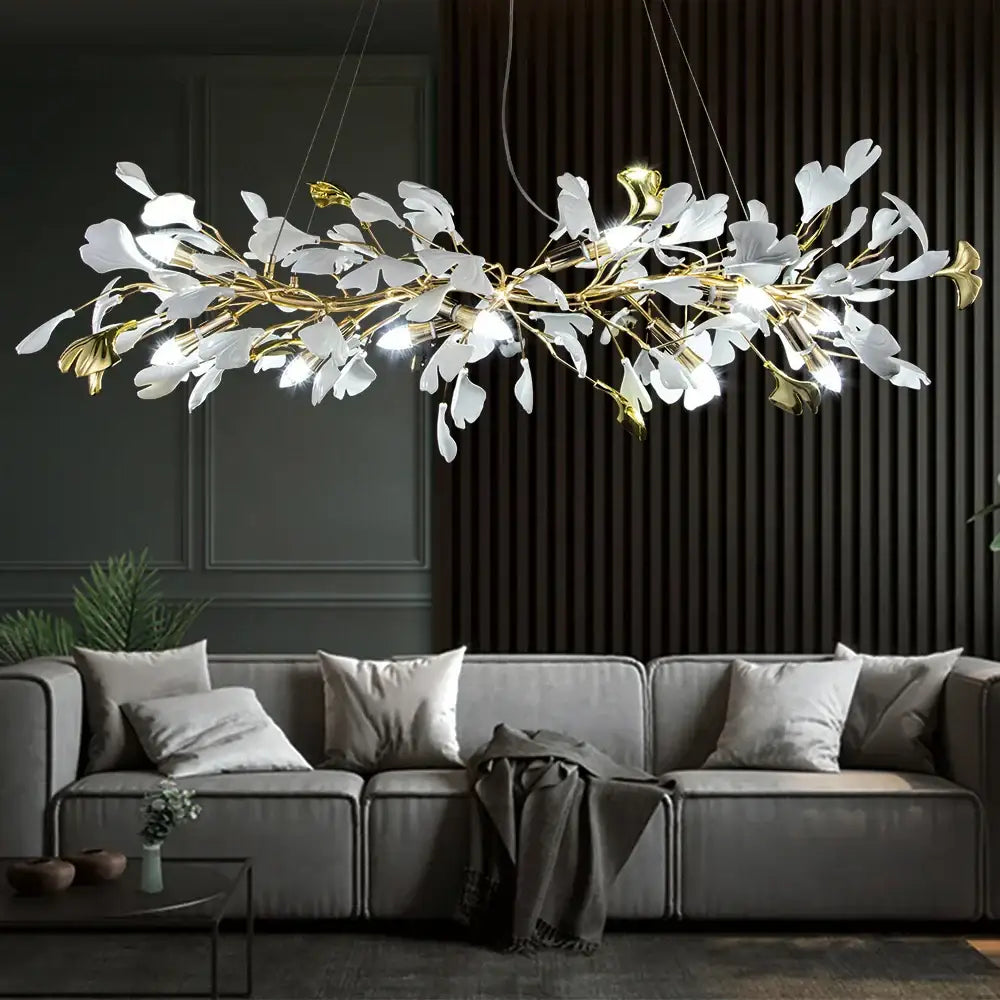 Elegant gold & white ginkgo leaf crystal chandelier living room light