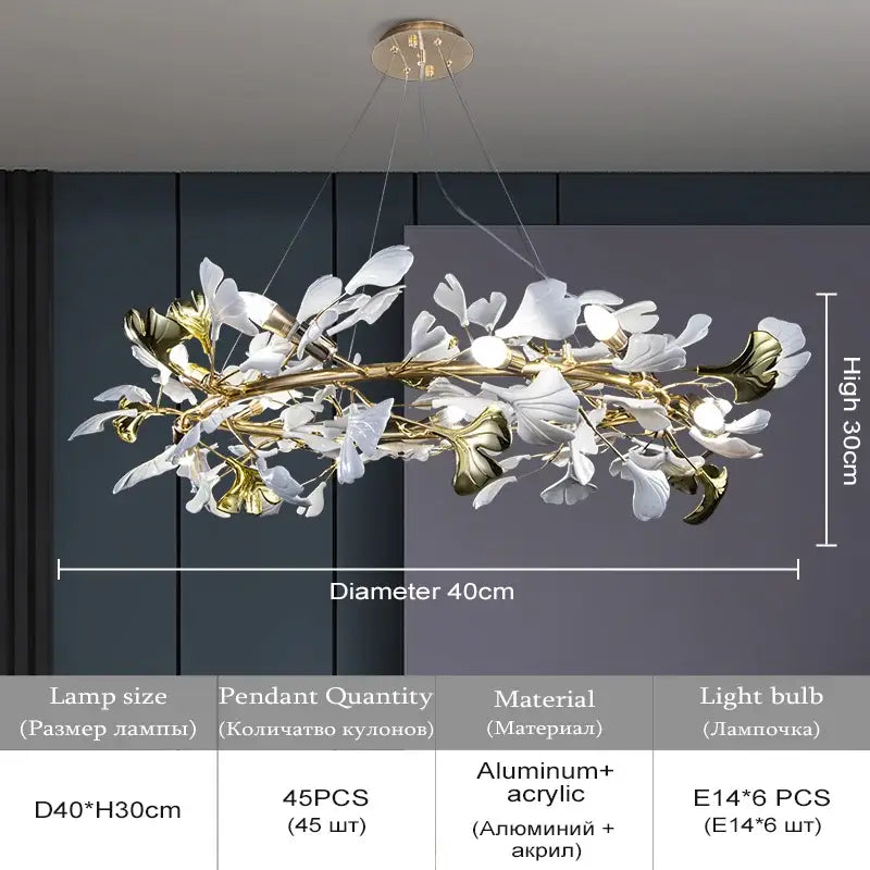 Elegant gold & white ginkgo leaf crystal chandelier living room light