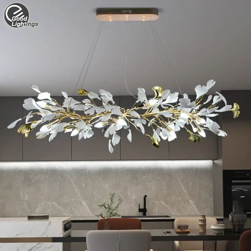 Modern white & gold ginkgo leaf crystal chandelier dining room light