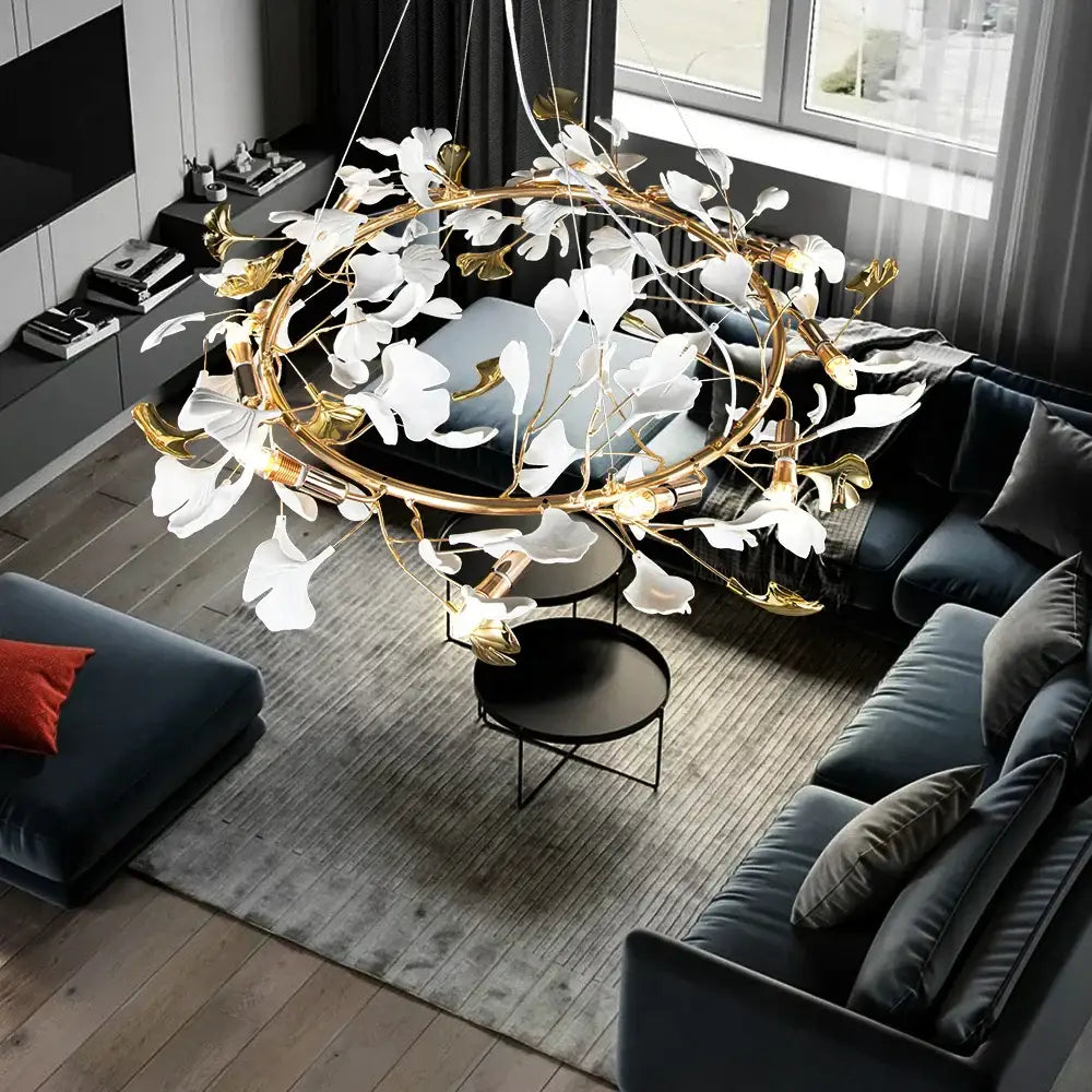 Modern white & gold ginkgo leaf crystal chandelier dining room light