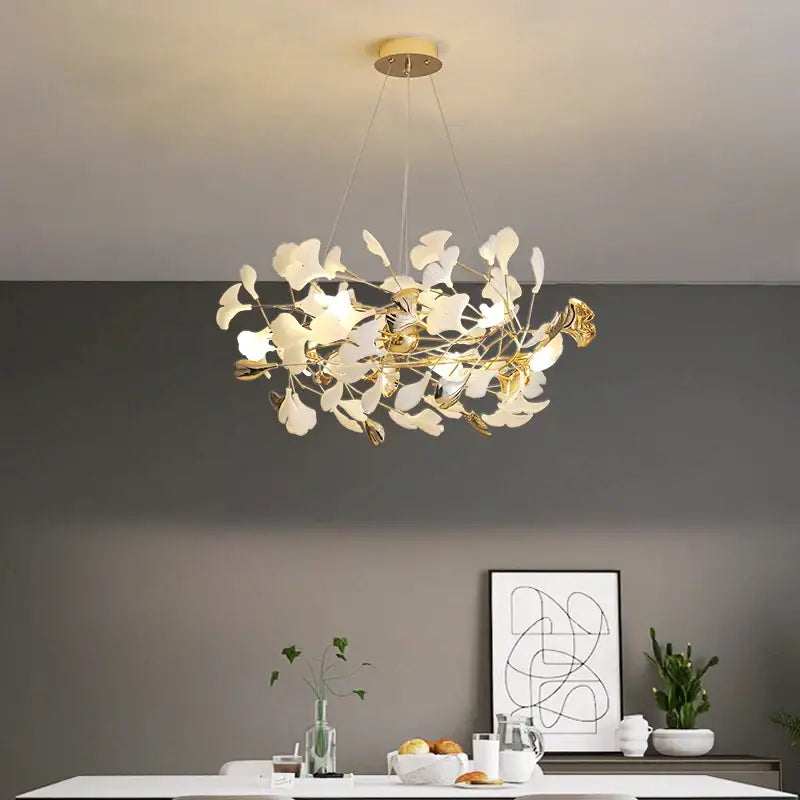 Modern gold ginkgo leaf decor chandelier living room art light