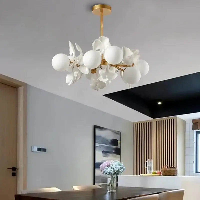 White ceramic flower ginkgo leaf led ceiling chandelier dining room