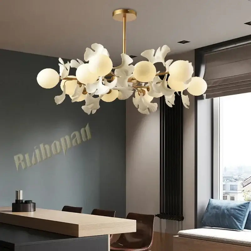 White ceramic flower ginkgo leaf led ceiling chandelier dining room