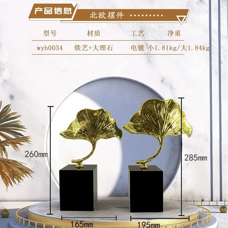 Modern gold ginkgo leaf metal sculpture living room decor accent