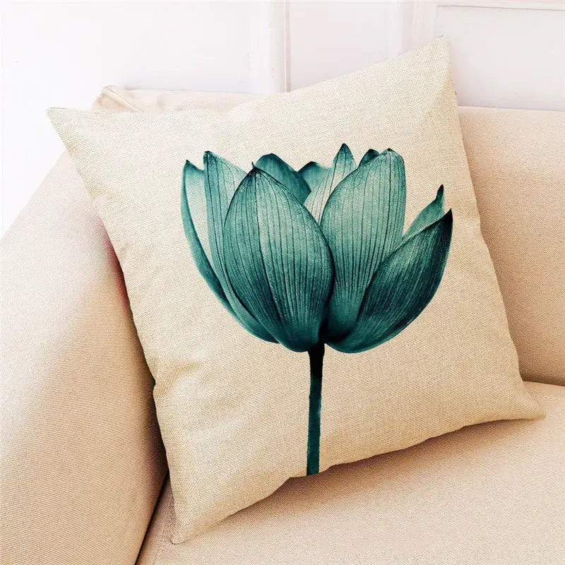 Teal and gold ginkgo leaves linen cushion cover living room