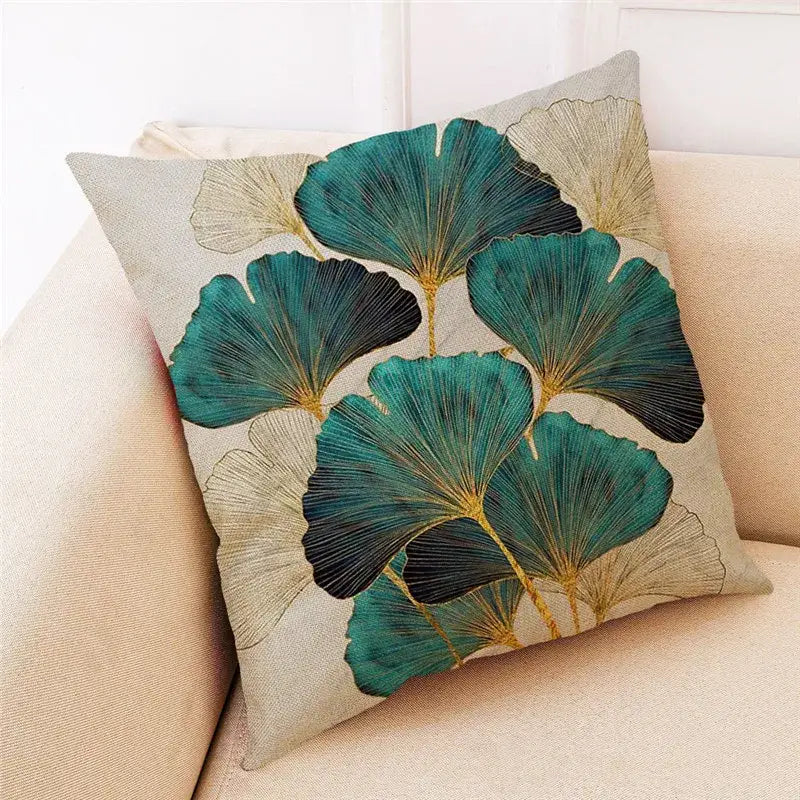 Teal and gold ginkgo leaves linen cushion cover living room