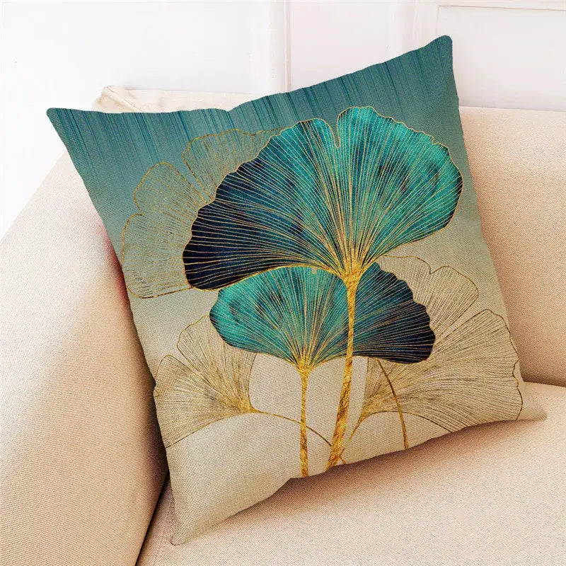 Teal and gold ginkgo leaves linen cushion cover living room