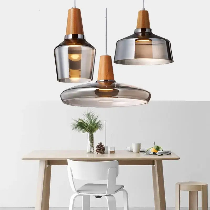 Modern retro smoked glass and wood pendant light dining room set