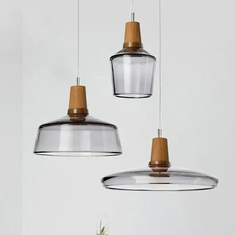 Modern retro smoked glass and wood pendant light dining room set