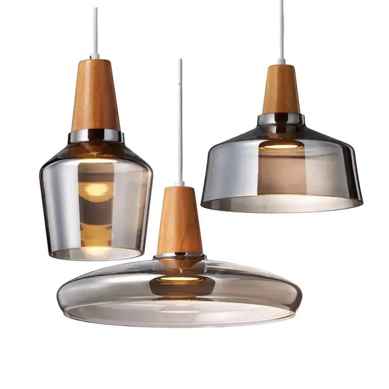 Modern retro smoked glass and wood pendant light dining room set