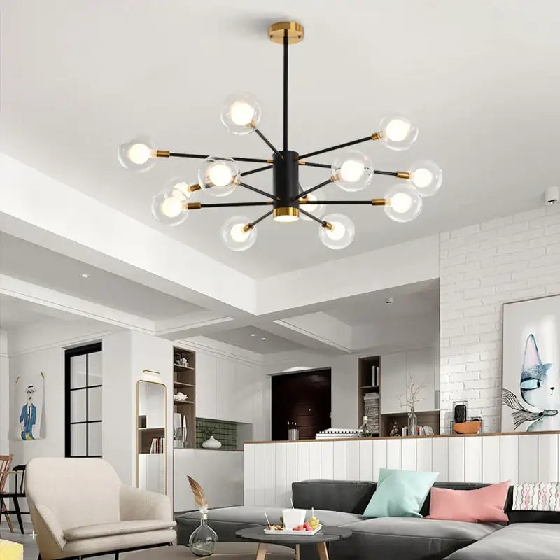 Modern black & gold glass ball chandelier living room pendant light