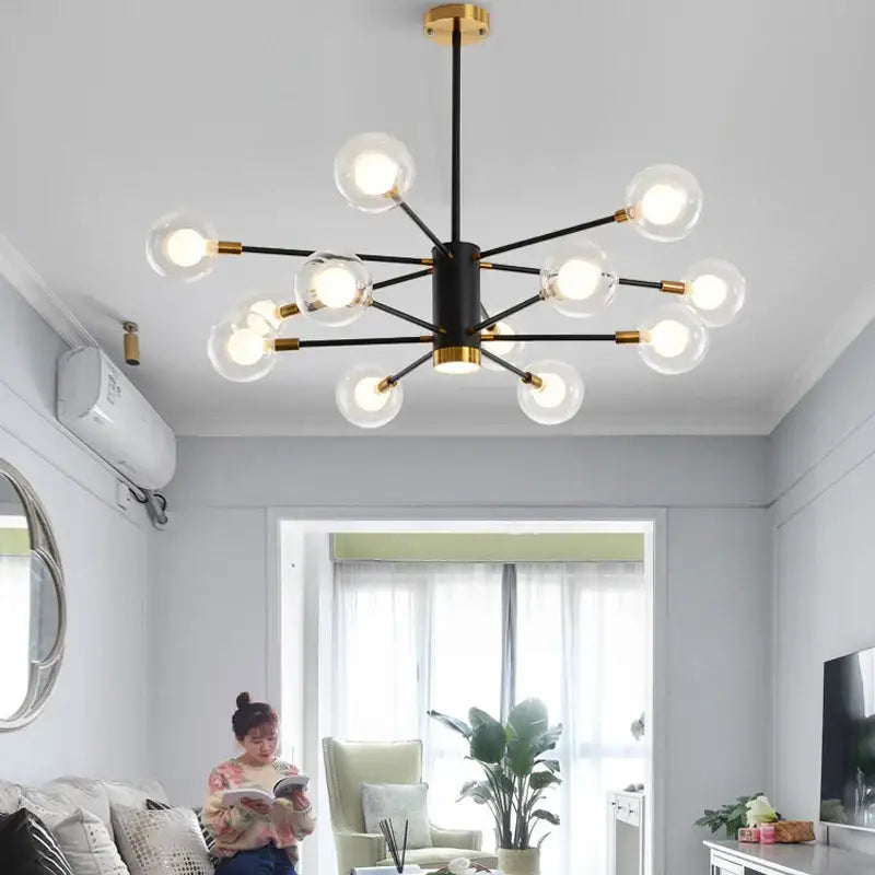 Modern black & gold glass ball chandelier living room pendant light