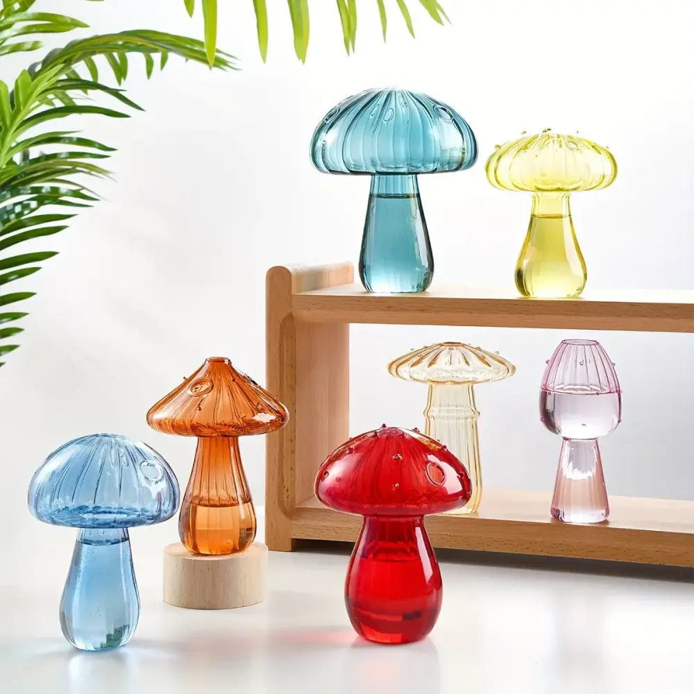 Colorful glass mushroom hydroponic planter set for garden and home