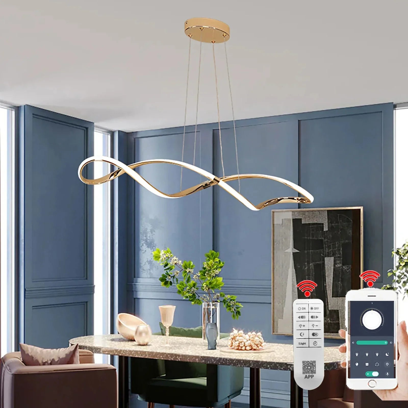 Modern black & gold wave led glass pendant light dining room