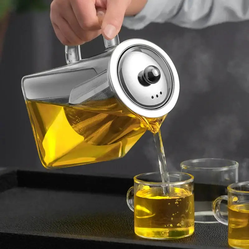 Modern clear glass tea pot with stainless steel filter kitchen set