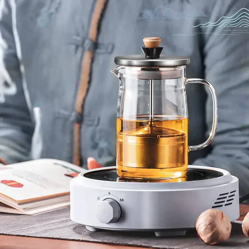 Modern glass tea pot with wood handle kitchen infuser kettle