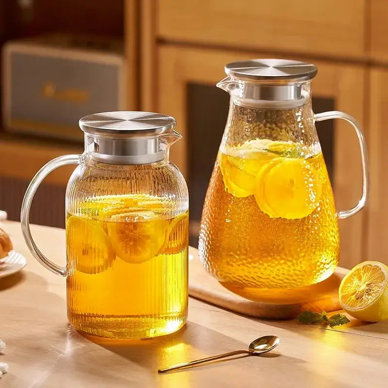 Hammered glass tea set with silver lid jug and cups for dining room