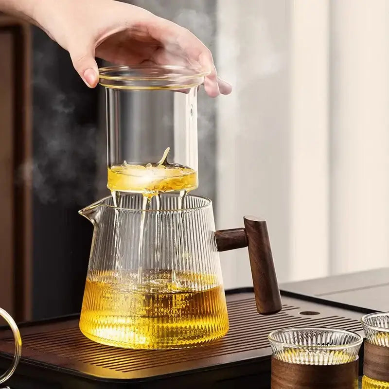 Modern glass teapot with wooden handle kitchen steeping pot