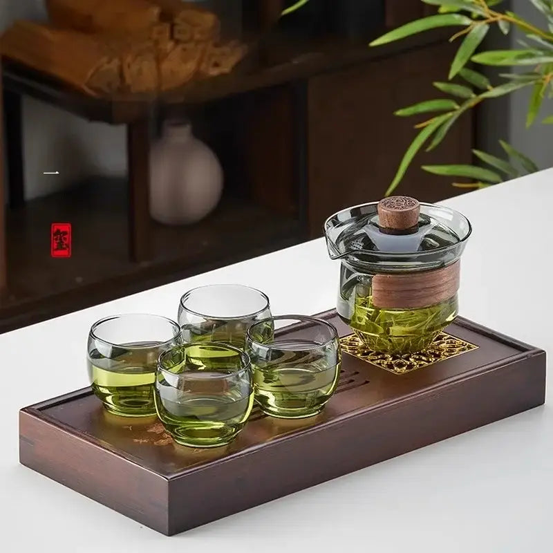 Traditional engraved glass teapot set kitchen bamboo tray storage