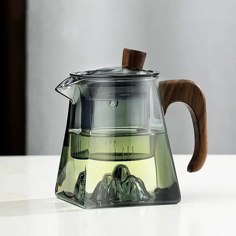 Mountain base glass teapot with wood handle – kitchen infuser teaware