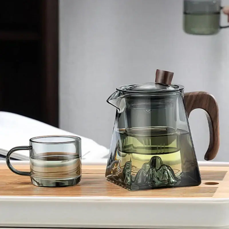 Mountain base glass teapot with wood handle – kitchen infuser teaware