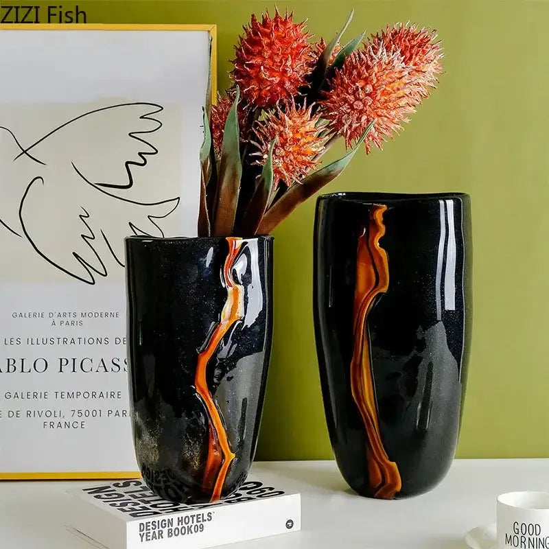 Modern marbled black and gold glass vase living room decor