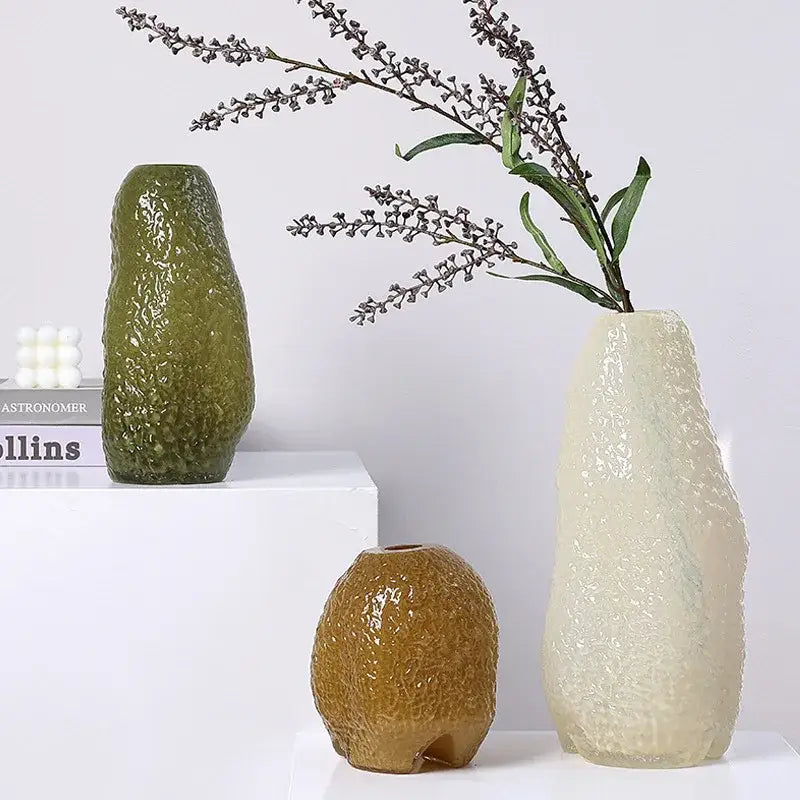 Textured olive beige and amber glass vase living room decor