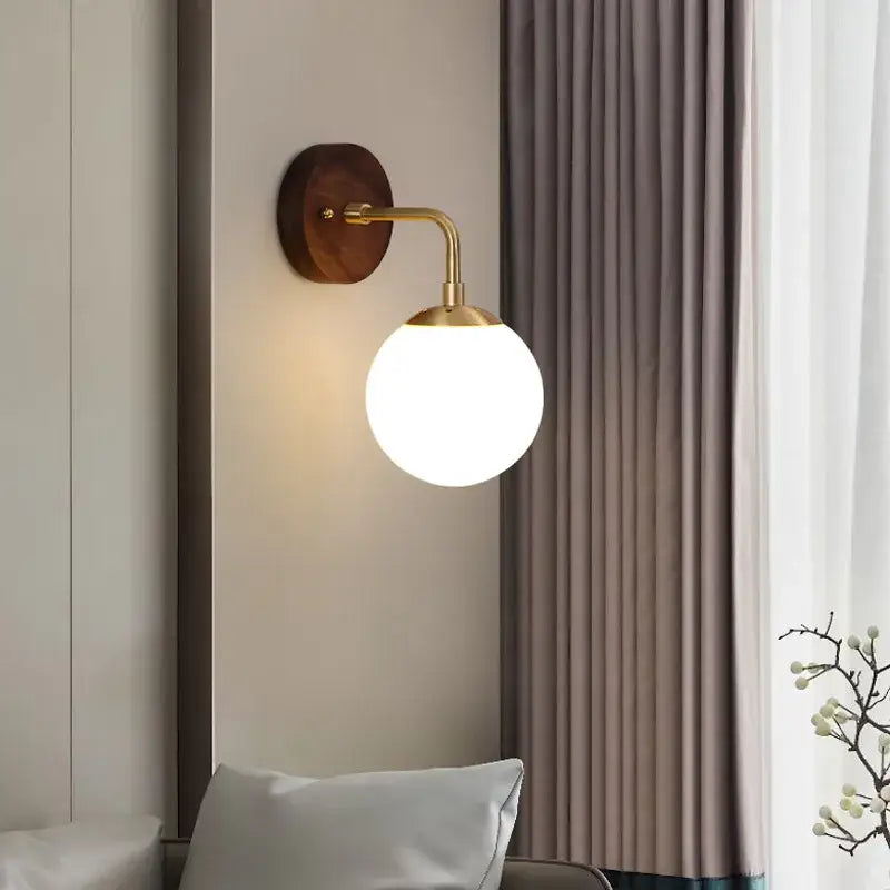 Modern walnut and brass glass wall light fixture bedroom sconce