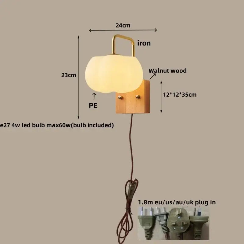Modern walnut and brass glass wall light fixture bedroom sconce