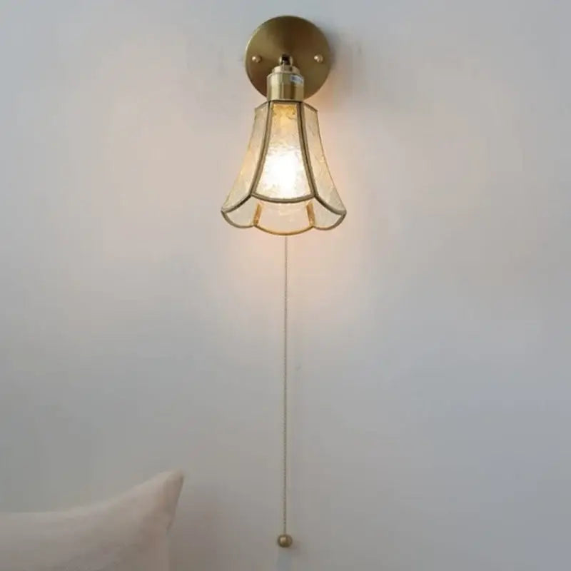 Antique brass glass wall light bedroom sconce with textured shade