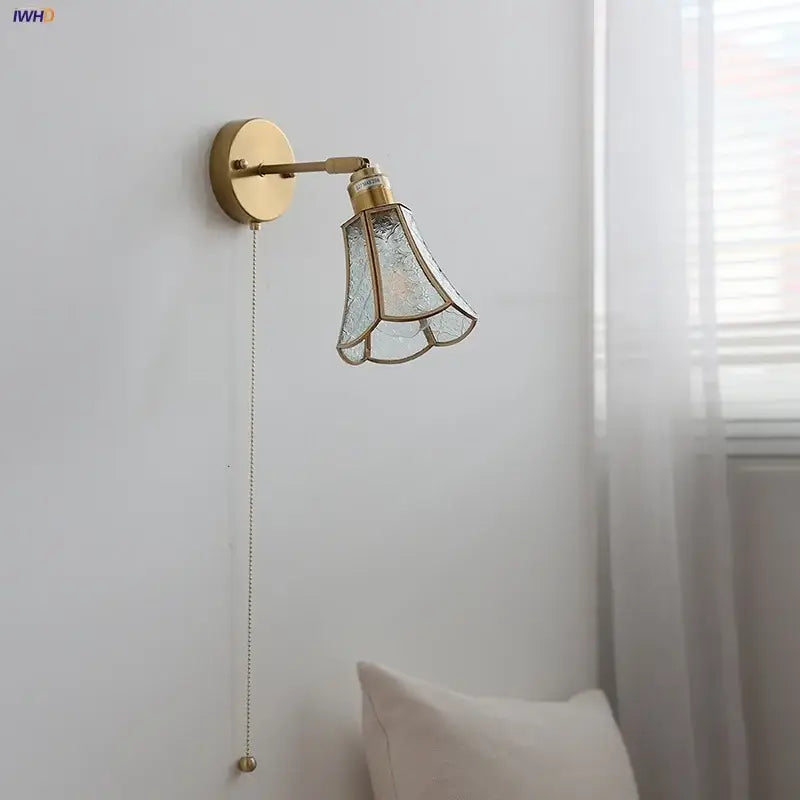 Antique brass glass wall light bedroom sconce with textured shade