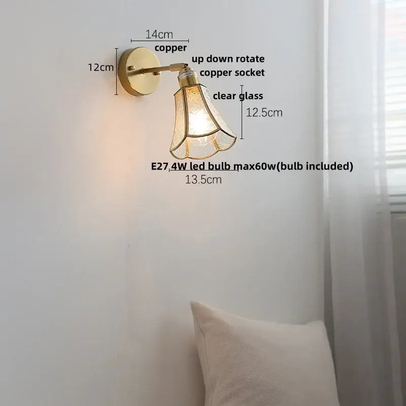 Antique brass glass wall light bedroom sconce with textured shade