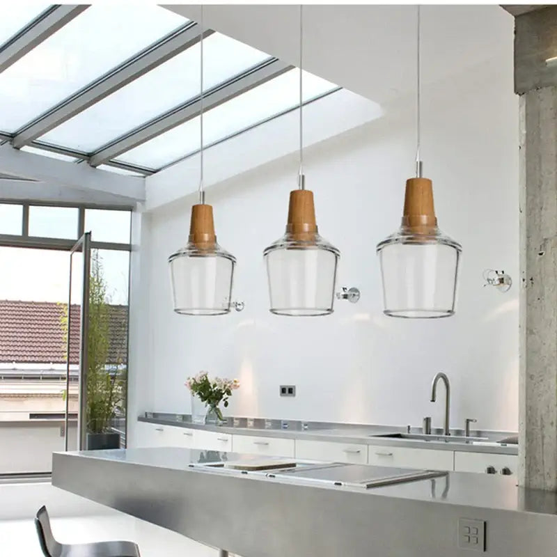 Modern smoked gray wood pendant light set of 3 dining room
