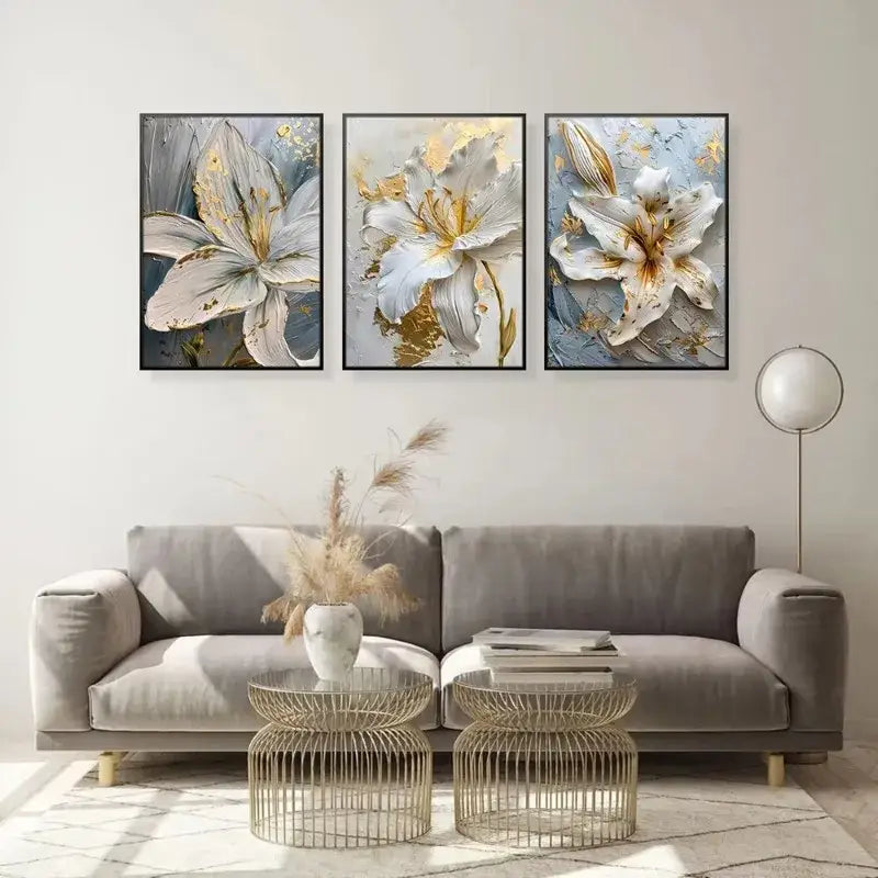 Abstract white & gold flower canvas wall art living room 3 panel decor