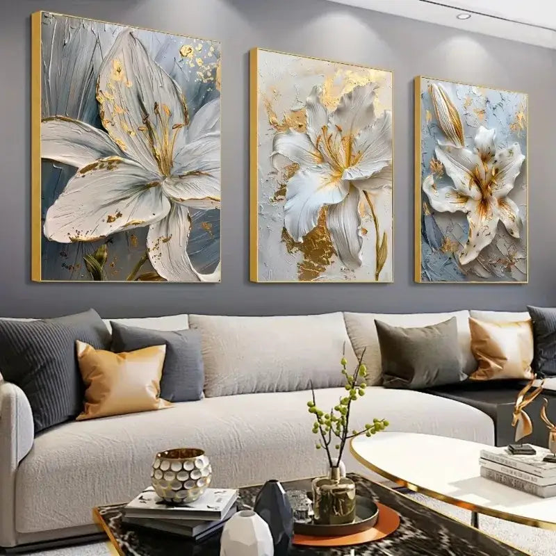 Abstract white & gold flower canvas wall art living room 3 panel decor