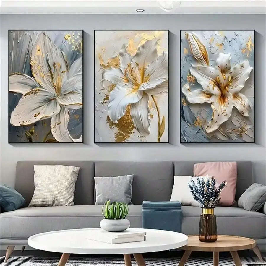 Abstract white & gold flower canvas wall art living room 3 panel decor